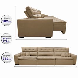 Sofá Retrátil e Reclinável 3,82m Agnus com Molas no Assento Suede Velupluma Castor