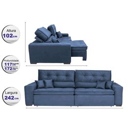 Sofá Retrátil e Reclinável 2,42m Agnus com Molas no Assento Velupluma Azul