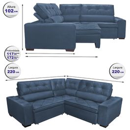 Sofa de Canto Retrátil e Reclinável com Molas Agnus 2,20m x 2,20m Suede Velupluma Azul