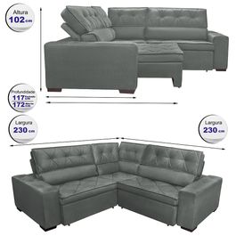 Sofa de Canto Retrátil e Reclinável com Molas Agnus 2,30m x 2,30m Suede Velupluma Cinza