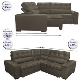 Sofa de Canto Retrátil e Reclinável com Molas Agnus 2,30m x 2,30m Suede Velupluma Café