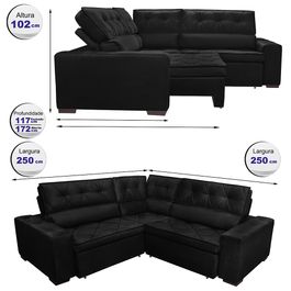 Sofa de Canto Retrátil e Reclinável com Molas Agnus 2,50m x 2,50m Suede Velupluma Preto