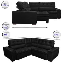 Sofa de Canto Retrátil e Reclinável com Molas Agnus 2,70m x 2,70m Suede Velupluma Preto