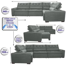 Sofa de Canto Retrátil e Reclinável com Molas Agnus 3,45X2,44 ou 2,44X3,45 Suede Velupluma Cinza