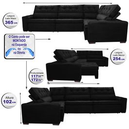 Sofa de Canto Retrátil e Reclinável com Molas Agnus 3,65X2,54 ou 2,54X3,65 Suede Velupluma Preto