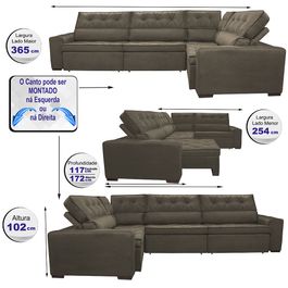 Sofa de Canto Retrátil e Reclinável com Molas Agnus 3,65X2,54 ou 2,54X3,65 Suede Velupluma Café