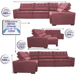 Sofa de Canto Retrátil e Reclinável com Molas Agnus 3,65X2,54 ou 2,54X3,65 Suede Velupluma Vinho