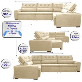Sofa de Canto Retrátil e Reclinável com Molas Agnus 3,85X2,64 ou 2,64X3,85 Suede Velupluma Bege