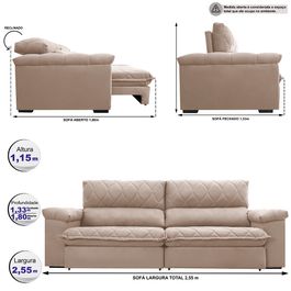 Sofá Retrátil e Reclinável 2,55m Molas Ensacadas Sofá inBox Extra Great com Bordado 3D Velupluma Bege