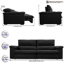 Sofá Retrátil e Reclinável 2,75m Molas Ensacadas Sofá inBox Extra Great com Bordado 3D Velupluma Preto