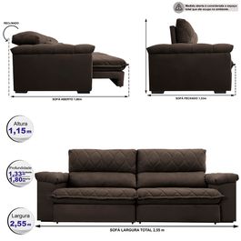 Sofá Retrátil e Reclinável 2,55m Molas Ensacadas Sofá inBox Extra Great com Bordado 3D Velupluma Café
