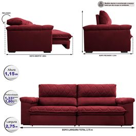Sofá Retrátil e Reclinável 2,75m Molas Ensacadas Sofá inBox Extra Great com Bordado 3D Velupluma Vinho