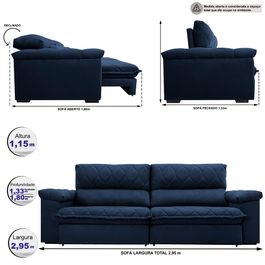 Sofá Retrátil e Reclinável 2,95m Molas Ensacadas Sofá inBox Extra Great com Bordado 3D Velupluma Azul