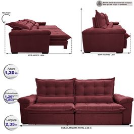 Sofá Retrátil e Reclinável 2,35m Sofá inBox Grand Fresh com SoftGel D40 Velupluma Vinho