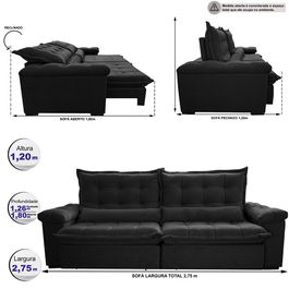 Sofá Retrátil e Reclinável 2,75m Sofá inBox Grand Fresh com SoftGel D40 Velupluma Preto