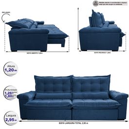 Sofá Retrátil e Reclinável 2,95m Sofá inBox Grand Fresh com SoftGel D40 Velupluma Azul