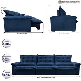 Sofá Retrátil e Reclinável 3,55m Sofá inBox Grand Fresh com SoftGel D40 Velupluma Azul