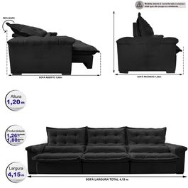 Sofá Retrátil e Reclinável 4,15m Sofá inBox Grand Fresh com SoftGel D40 Velupluma Preto