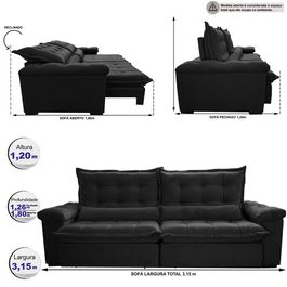 Sofá Retrátil e Reclinável 3,15m Sofá inBox Grand Fresh com SoftGel D40 Velupluma Preto