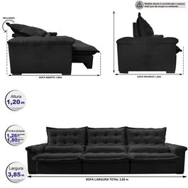 Sofá Retrátil e Reclinável 3,85m Sofá inBox Grand Fresh com SoftGel D40 Velupluma Preto