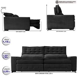 Sofá Retrátil e Reclinável 2,55m Sofá inBox Grand Puffer com SoftGel D40 Velupluma Preto