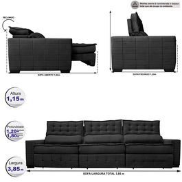 Sofá Retrátil e Reclinável 3,85m Sofá inBox Grand Puffer com SoftGel D40 Velupluma Preto