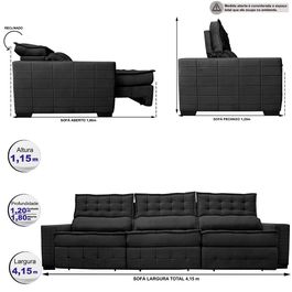 Sofá Retrátil e Reclinável 4,15m Sofá inBox Grand Puffer com SoftGel D40 Velupluma Preto