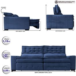 Sofá Retrátil e Reclinável 2,55m Sofá inBox Grand Puffer com SoftGel D40 Velupluma Azul