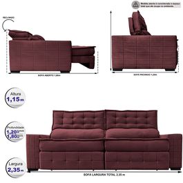 Sofá Retrátil e Reclinável 2,35m Sofá inBox Grand Puffer com SoftGel D40 Velupluma Vinho