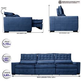 Sofá Retrátil e Reclinável 3,85m Sofá inBox Grand Puffer com SoftGel D40 Velupluma Azul