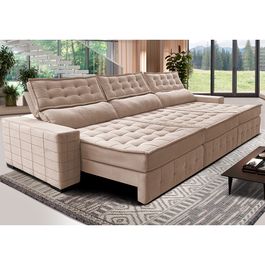 Sofá Retrátil e Reclinável 3,85m Sofá inBox Grand Puffer com SoftGel D40 Velupluma Bege