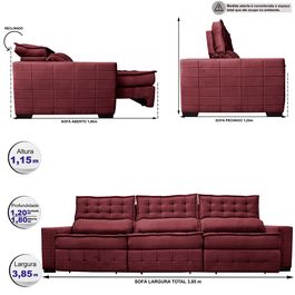Sofá Retrátil e Reclinável 3,85m Sofá inBox Grand Puffer com SoftGel D40 Velupluma Vinho