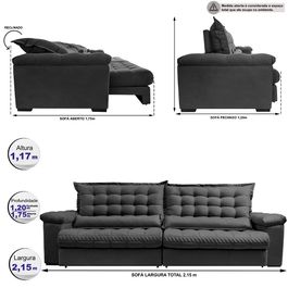 Sofá Retrátil e Reclinável 2,15m Molas Ensacadas Sofá inBox Grand Space com Bordado 3D Velupluma Cinza