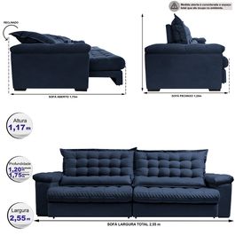 Sofá Retrátil e Reclinável 2,55m Molas Ensacadas Sofá inBox Grand Space com Bordado 3D Velupluma Azul