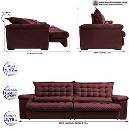 Sofá Retrátil e Reclinável 2,75m Molas Ensacadas Sofá inBox Grand Space com Bordado 3D Velupluma Vinho