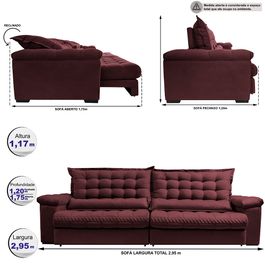 Sofá Retrátil e Reclinável 2,95m Molas Ensacadas Sofá inBox Grand Space com Bordado 3D Velupluma Vinho