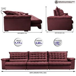 Sofá Retrátil e Reclinável 3,85m Molas Ensacadas Sofá inBox Grand Space com Bordado 3D Velupluma Vinho