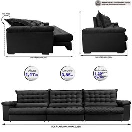 Sofá Retrátil e Reclinável 3,85m Molas Ensacadas Sofá inBox Grand Space com Bordado 3D Velupluma Preto