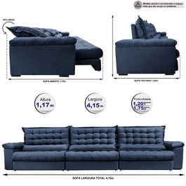 Sofá Retrátil e Reclinável 4,15m Molas Ensacadas Sofá inBox Grand Space com Bordado 3D Velupluma Azul