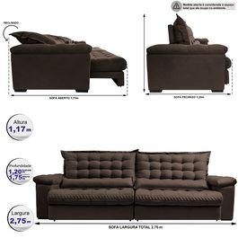 Sofá Retrátil e Reclinável 2,75m Molas Ensacadas Sofá inBox Grand Space com Bordado 3D Velupluma Café