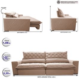 Sofá Retrátil e Reclinável 2,35m Molas Ensacadas Horus com Bordado 3D Velupluma Bege