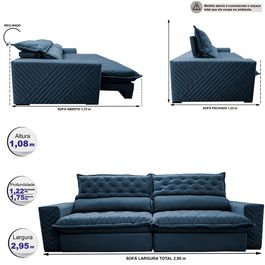 Sofá Retrátil e Reclinável 2,95m Molas Ensacadas Horus com Bordado 3D Velupluma Azul
