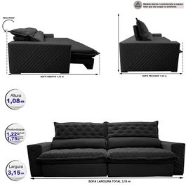 Sofá Retrátil e Reclinável 3,15m Molas Ensacadas Horus com Bordado 3D Velupluma Preto
