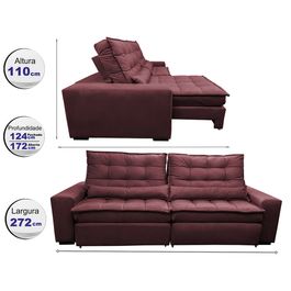 Sofá Retrátil e Reclinável 2,72m com Molas Ensacadas Optimus Tecido Velupluma Vinho