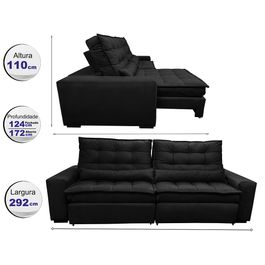 Sofá Retrátil e Reclinável 2,92m com Molas Ensacadas Optimus Tecido Velupluma Preto