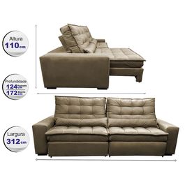 Sofá Retrátil e Reclinável 3,12m com Molas Ensacadas Optimus Tecido Velupluma Castor