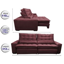 Sofá Retrátil e Reclinável 3,12m com Molas Ensacadas Optimus Tecido Velupluma Vinho