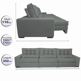 Sofá Retrátil e Reclinável 3,52m com Molas Ensacadas Optimus Tecido Velupluma Cinza