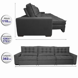 Sofá Retrátil e Reclinável 3,82m com Molas Ensacadas Optimus Tecido Velupluma Preto