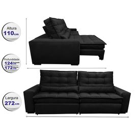Sofá Retrátil e Reclinável 2,72m com Molas Ensacadas Optimus Tecido Velupluma Preto